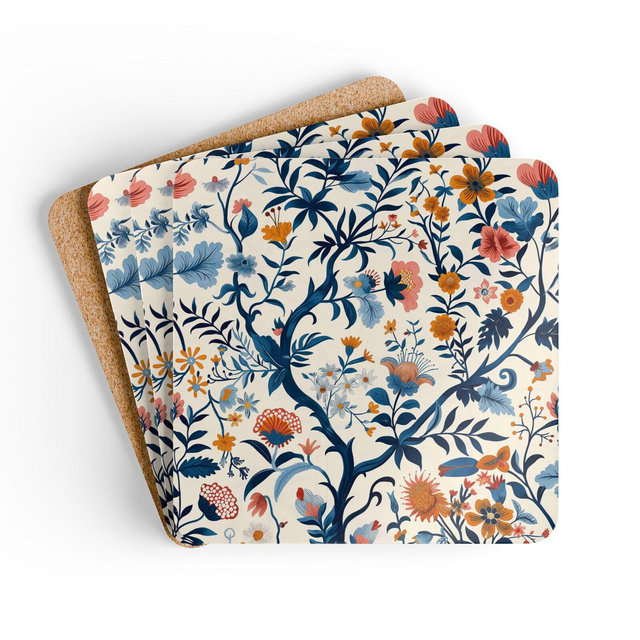 Chinoiserie Inspired Coaster Set Blue Orange Design Corkwood Coasters Home Decor