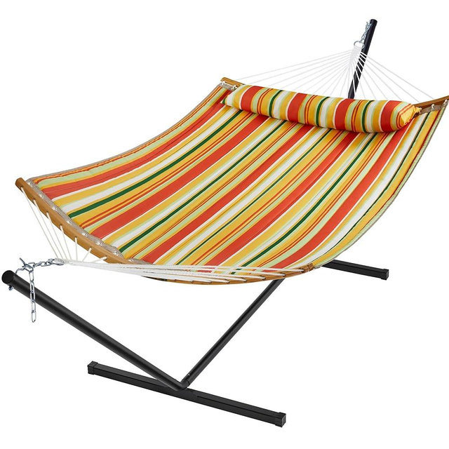 SUPERJARE Hammock with Stand, 2 Person Heavy Duty Hammock with Padded Cotton, Detachable Pillow & Strong Curved-Bar & Portable Carrying Bag, Perfect for Outdoor & Indoor, Orange with Stripes