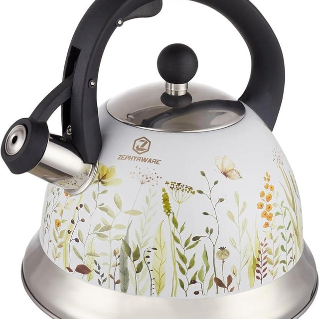 ZEPHYRWARE Whistling tea kettle for stove top, 3.0 Quart/Plant Pattern, Food Grade 304 Stainless Steel Teapot, Anti-Hot Handle stove top coffee pot, Tea, Milk Etc