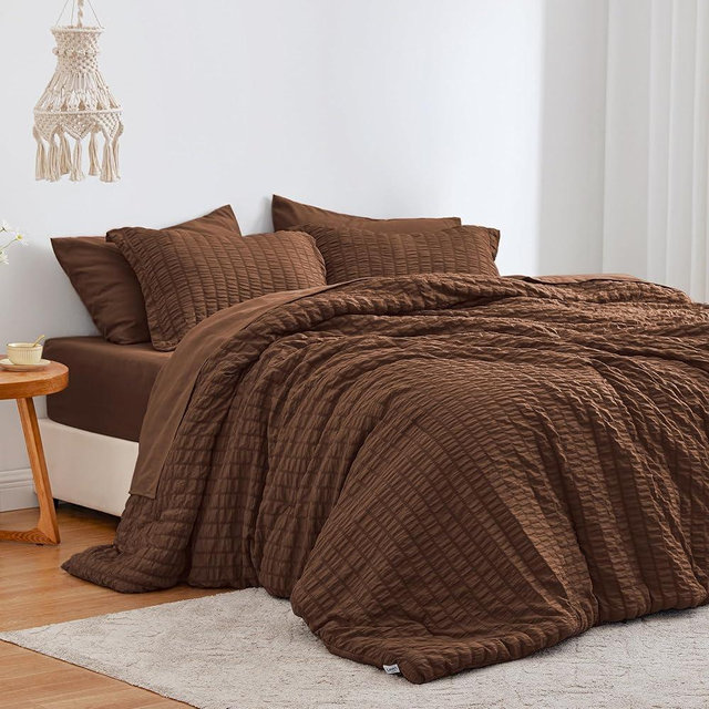 Love's cabin Seersucker Brown Queen Comforter Set 7 Pieces, All Season Bedding Set, Queen Bed in a Bag with Comforter, Flat Sheet, Fitted Sheet, Pillowcase and Pillow Sham