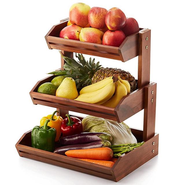 HOLANA Acacia Wood Fruit Basket for Kitchen Countertop - 3-Tier Fruit Bowl Holder for Counter , Extra Large 16x12.5x18 inch , Wooden Fruit Stand Storage Organizer for Vegetable, Bread, Snack(3 Tier)