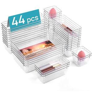 Vtopmart 44 PCS Clear Plastic Drawer Organizers Set, 4-Size Versatile Bathroom and Vanity Organizer Trays, Non-Slip Storage Containers for Makeup, Jewelries, Bedroom，Kitchen Utensils and Office