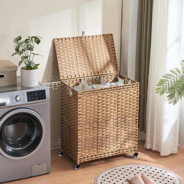 Laundry Hamper with Wheels&Lid, 50.2 Gallons(190L) Rolling Laundry Basket with Wheels, 3-Section Laundry Hamper, Handwoven Rattan Clothes Hamper with 3 Removable Liner&3 Mesh Laundry Bags, Natural