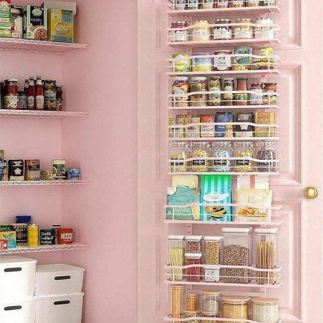 Moforoco Pink 9-Tier Over The Door Pantry Organizer, Pantry Organization and Storage, Black Hanging Basket Wall Spice Rack Seasoning Shelves