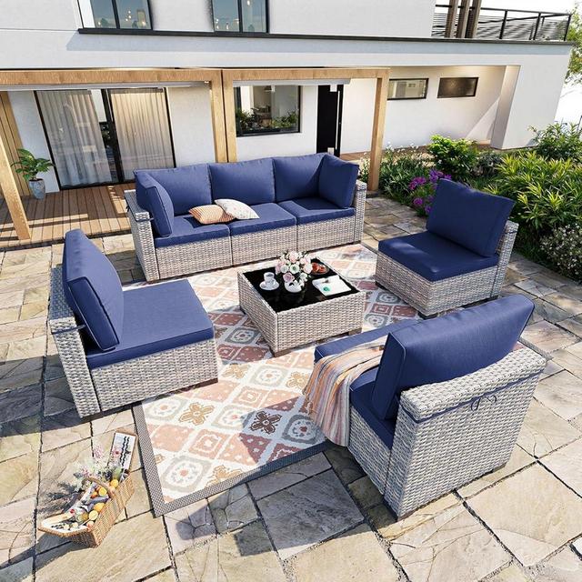 Sweecci 7-Piece Patio Furniture Set, Outdoor Sectional with Thick Cushions, Modular Patio Sofa, Dual-Strand Wicker Rattan, Rust-Resistant Frame, Backyard Furniture for Garden, Deck, Navy Blue