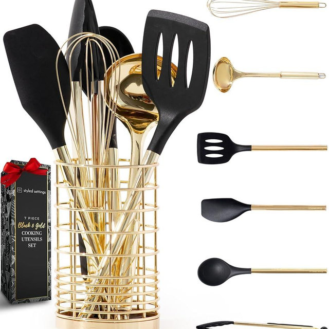 Styled Settings Black and Gold Cooking Utensils Set with Holder - 7PC Silicone Cooking Utensils Set Includes Light Gold Kitchen Utensils and Gold Utensil Holder - Black and Gold Kitchen Accessories