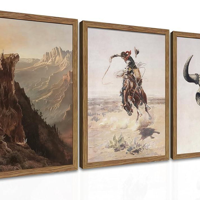 Western Cowboy Wall Art Set of 3, Vintage Southwestern Cowboy Wall Decor Paintings, Western Longhorn Bull Posters Prints Pictures for Bedroom Living Room Farmhouse Decor 12x16 Inch Wood Framed