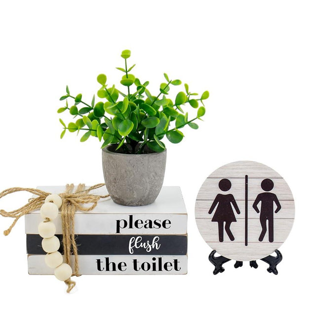 Bathroom Shelf Decor Signs, Modern Farmhouse Bathroom Decor Signs, Funny Wooden Rustic Decor for Restroom Shelf Guest Bath (Please Flush the Toilet)