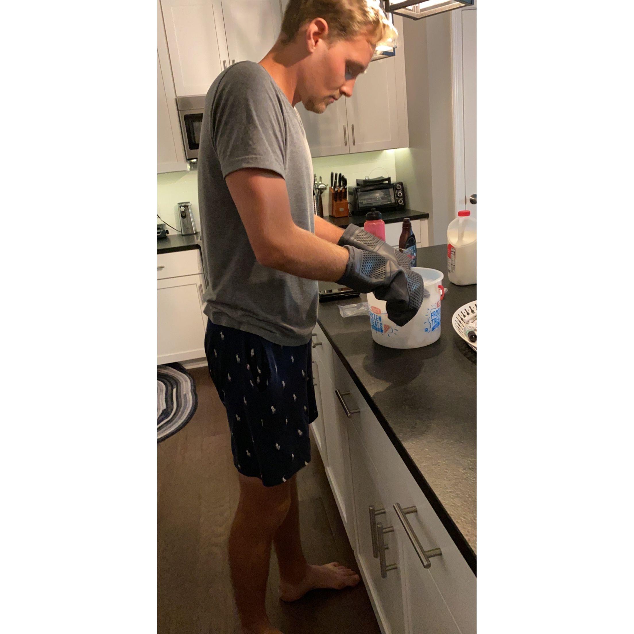 Will attempting to make homemade ice cream for Annamarie's birthday. Despite many attempts, his desserts have not lived up to the cookie-dough cake Annamarie made him when he turned 21.