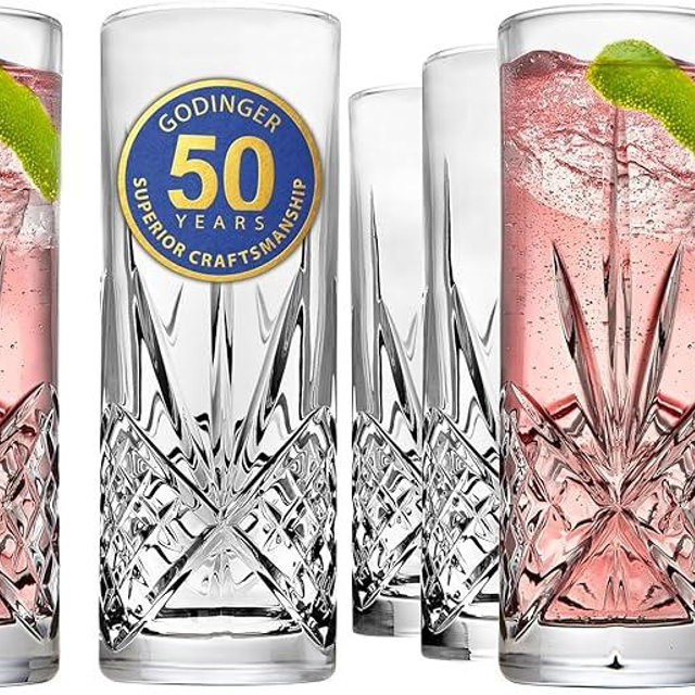 Godinger Tall Beverage Glasses Collins All Purpose Drinking Glasses- Dublin Collection, SET OF 4 (Pack of 2)
