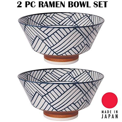 Hinomaru Collection Authentic Japanese Minoyaki Porcelain Sometsuke Ramen Bowl Large Noodle Multi Purpose Bowls Set 16.58 fl oz 7.25 inch W Set of 2 Pair Set (Ajiromon Weave Design)