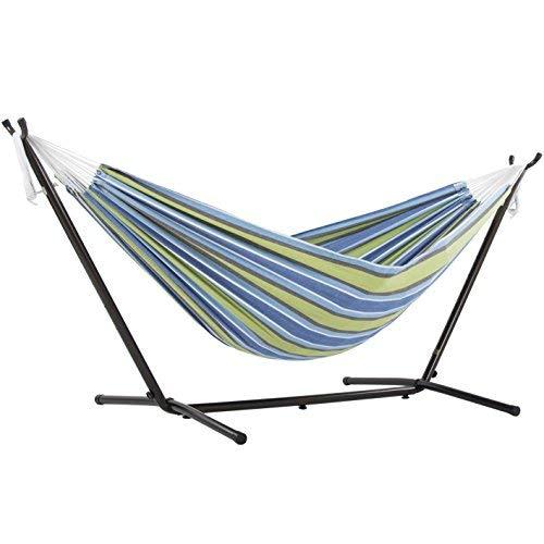 Vivere Double Cotton Hammock with Space Saving Steel Stand, Oasis (450 lb Capacity - Premium Carry Bag Included)