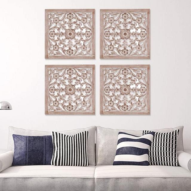 Wooden Designer Wall Hanging Plaques/Wall Plaque Wall Décor Plaques Set of 4 - 16x16 Inch - Burnt, Elegant Sculpture Wall Décor Panel to Enhance the Décor of Your Room or Office