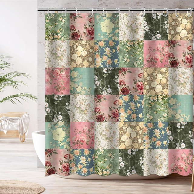 Mocsicka Boho Shower Curtain for Bathroom Vintage Floral Patchwork Shower Curtain with 12 Hooks Mid-Century Flowers Retro Bath Curtain for Boho Bath Decor, Waterproof Fabric 72 X 72 Inch