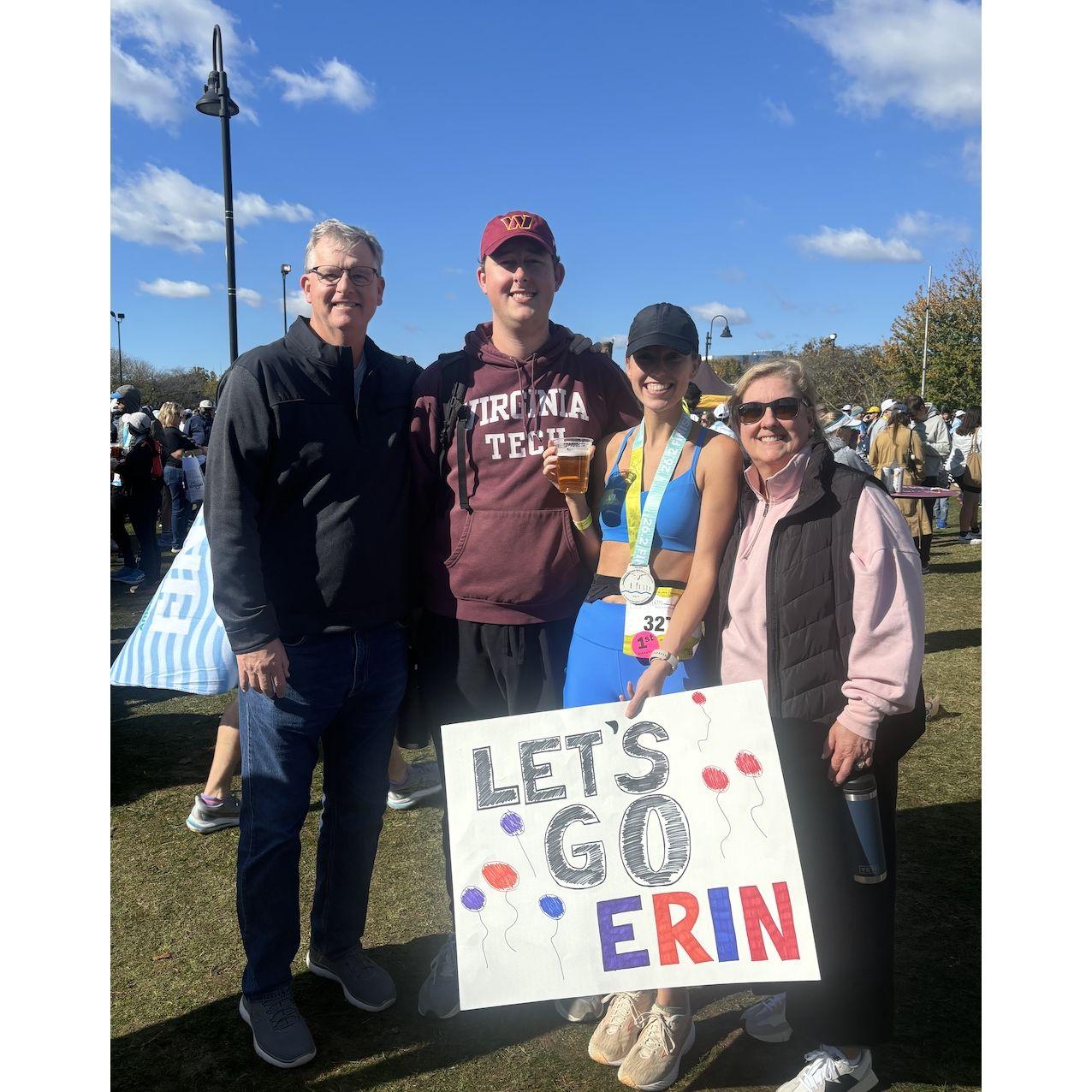... and was her biggest supporter at her marathon. Kyle and his dad drove all over Richmond with her supplies.