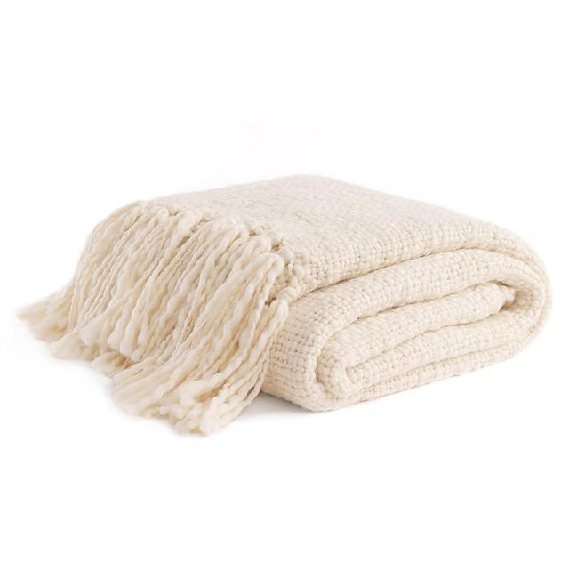 YnM Basketweave Knit Throw, Solid Neutral Vibe Textured Blanket with Tassel for Home Decor, 50 x 60 in, Cream