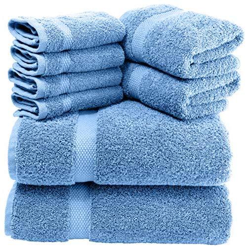 White Classic Luxury Brown Bath Towel Set - Combed Cotton Hotel Quality Absorbent 8 Piece Towels | 2 Bath Towels | 2 Hand Towels | 4 Washcloths [Worth $72.95] 8 Pack | Light Blue