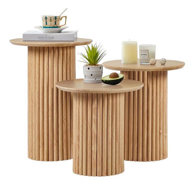 Bifins Round Nesting Coffee Table Set of 3,Mid Century Modern Fluted Coffee and End Table Set,Small Circle Wooden Side Table Drink Table for Living Room (Natural)