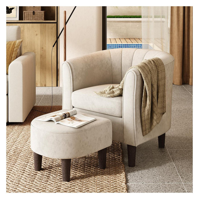 Accent Chair with Ottoman, Velvet Barrel Chair for Living Room Beige 26.8"D x 31.7"W x 26.8"H
