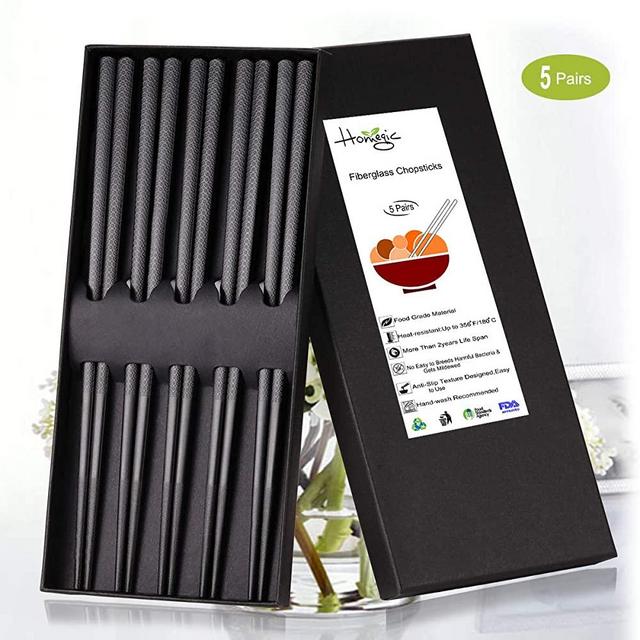 Chopsticks Reusable 5-Pairs Chop Sticks Anti-Slip Textured Tip Reusable Chopsticks Dishwasher Safe Fiberglass Chopsticks Set with Box for Household Restaurant- Black 9-1/2 Inch (Lucky Clover)
