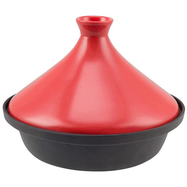 Zelancio Moroccan Enameled Cast Iron Tagine Pot with Ceramic Lid, 7” Base x 8” Tall, 2.4-Quart Capacity, Perfect for Different Cooking Styles and Temperature Settings, Red