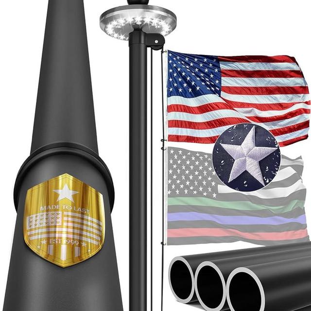 IIOPE 25FT Heavy Duty Flag Pole – 2.7" Large Bottom Tube, Wind-Resistant Sectional Tapered Design, Aluminum Residential Flagpole Kit with Solar Light, USA Flag, Complete Set, Great Gift Choice
