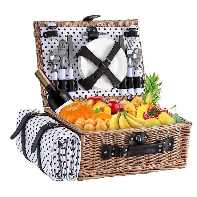 HYBDAMAI Willow Picnic Basket Set for 4 Persons with Waterproof Picnic Blanket, Large Wicker Picnic Basket for Camping, Outdoors, Valentine's Day, Christmas, Thanksgiving, Birthday (Black＆White Spots)