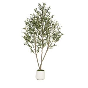 Olive Trees Artificial Indoor, 7FT Tall Faux Olive Tree with White Tall Planter, Artificial Plants with Natural Wood Trunk and Lifelike Fruits for Home Office Decor