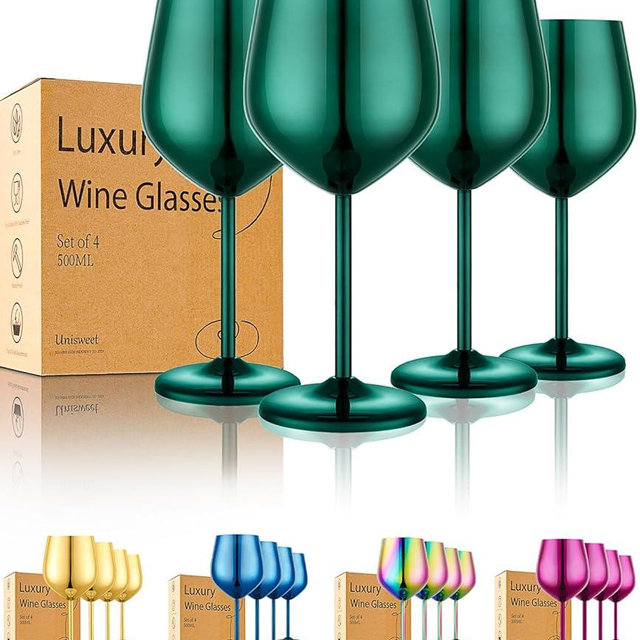 UNISWEET Stainless Steel Wine Glasses Set of 4 Unbreakable Green Wine Glass 18 oz Unique Metal Wine Goblets for Outdoor, Travel, Camping, Pool, Ideal Gift for Wine Lovers