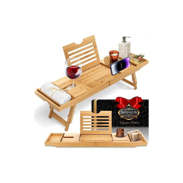 SereneLife Luxury Bamboo Bathtub Caddy Tray - Natural Wood Bath Tub Organizer with Wine Holder, Cup Placement, and Device Slots - SLBCAD502GB