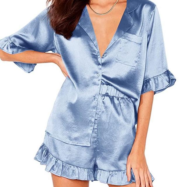 Women's Silk Satin Pajamas Set Ruffle Short Sleeve Sleepwear Button Down Two-Piece Pjs Shorts Set Loungewear