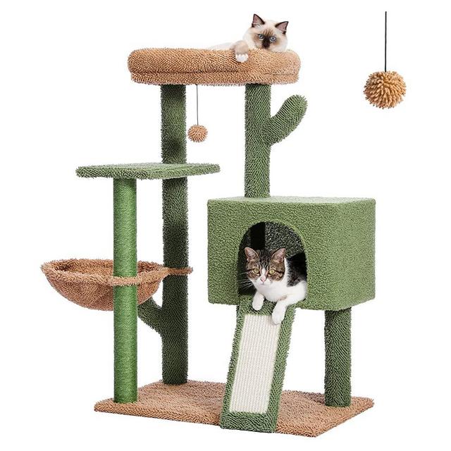 PAWZ Road 41 Inches Cactus Cat Tower with Sisal Covered Scratching Post and Cozy Condo for Indoor Cats, Cat Climbing Stand with Plush Perch &Soft Hammock for Multi-Level Cat Play House