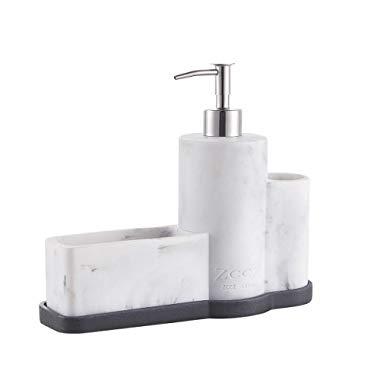 ZCCZ Soap Dispenser with Sponge Holder Brush Holder, Marble Pattern Kitchen Dish Soap Dispenser Pump Bottle Caddy Set Sponge Caddy for Kitchen Sink Bathroom Countertop