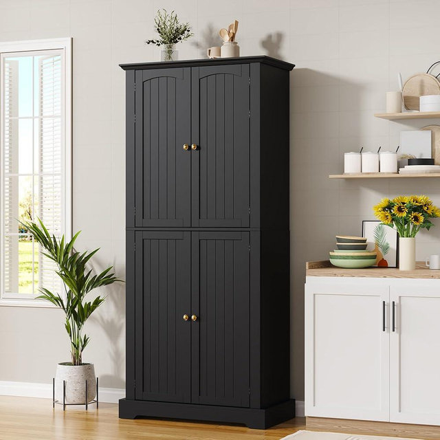 MHOM 71" Tall Pantry Cabinet, Farmhouse Kitchen Storage Cabinet with 6 Hanging Shelves and Adjustable Shelves, Freestanding Cupboard for Kitchen & Dining Room, Black