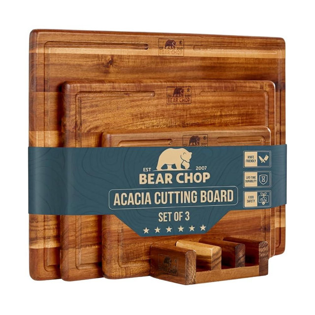 Bearchop Acacia Wood Cutting Board Set of 3 with Storage Stand, Reversible Wooden Cutting Boards for Kitchen with Deep Juice Grooves, Premium Wood Cutting Board Set for Prep, Serving & Gifting