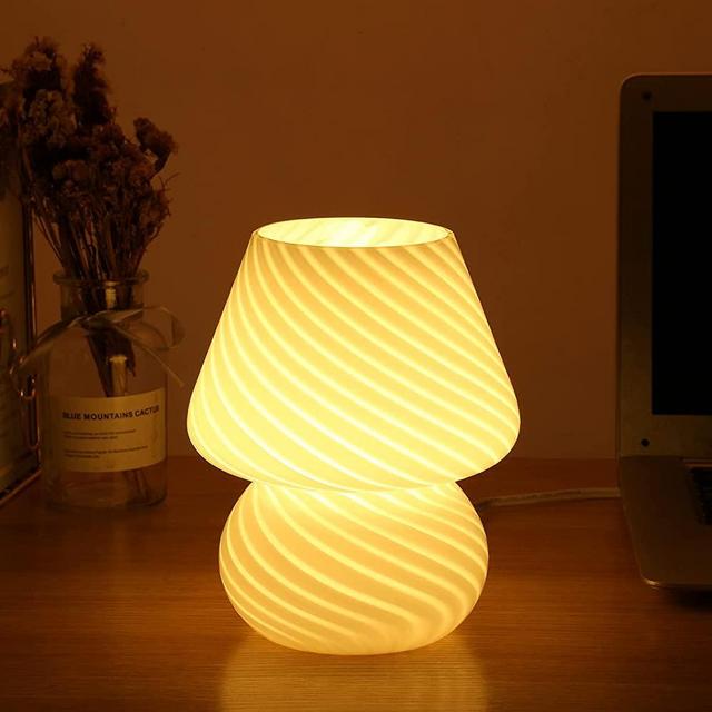 Mushroom Lamp,Glass Table Bedside Lamps Translucent Murano Vintage Style Striped Small Night Mushroom Decor Light Swirl for Ambient,Kids,Bedroom,Living,Girl Gift (Stripe White)