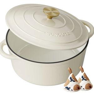 Enameled Cast Iron Dutch Oven - 6QT Pot with Lid & Cotton Potholders - Heavy-Duty Cookware for Braising, Stews, Roasting, Bread Baking, Oven Safe up to 500° F & Across All Cooktops, Cream White