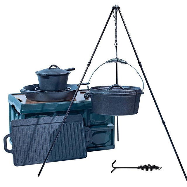 8 Piece cast iron dutch oven camping set. 6.5 Qt cast iron pot with lid and Lifter Handle；2.1qt cast iron pot handle with lid；12In Pans ；Camping Tripod with；Grill Cookware Skillet Sets，Car carry-on storage box