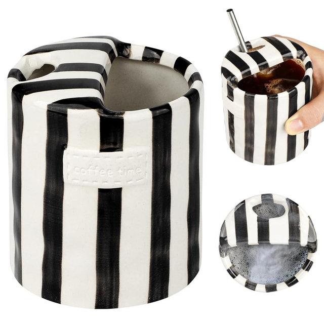 Novelty Ceramic Coffee Mug Designed to Look Like a Gift Box, 10oz Retro Hand-Painted Ceramic Travel Mug, Brown & White Striped, Microwave & Dishwasher Safe, Perfect Present for Coffee Lovers (Black)
