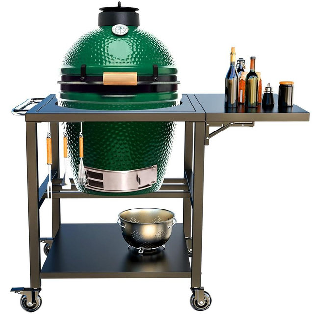 Outdoor Grill Table for Big Green Egg Accessories, Heavy Duty Metal Cart Prep Table with 3 inch Caster, Storage Shelf, Hooks, Compatible with Large Big Green Egg Grill