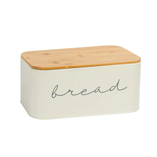 Storied Home Metal "bread" Bin with Bamboo Lid, White