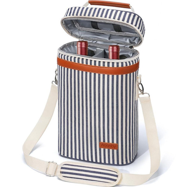 Aoonby 2 Bottle Wine Bag Wine Cooler Carrier Wine Gift Tote Bag, Leakproof & Insulated Bottle Bags for Travel, BYOB, Beach, Dinner, Party, Christmas Gifts for Wines Lovers Women Men - Navy Stripe