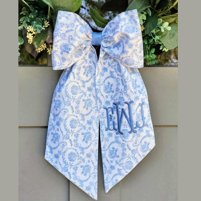 Bow Light Blue Chinoiserie Sash for Boxwood Wreath Chinoiserie Blue Embroidered Scarf for Front Door Wreath Decor Monogrammed Bow for Mirror