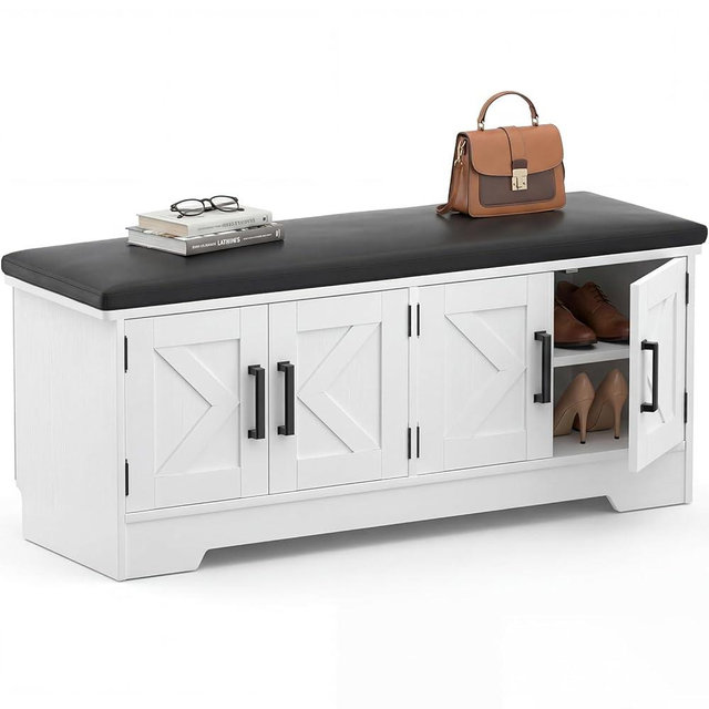 Farmhouse Shoe Storage Bench with Cushion - 43.3" Entryway Bench with Storage & 4 Barn Doors, 2-Tier Wooden Shoe Rack Bench, Hidden Shoe Cabinet & Mudroom Bench for Bedroom Hallway Living Room, White