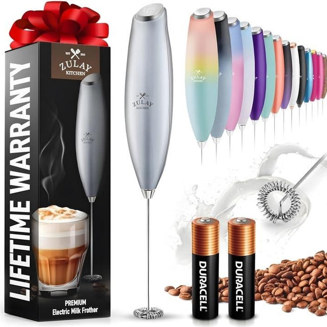 Zulay Kitchen Milk Frother Wand (2 Duracell Batteries Included) - Handheld Milk Frother - Easy-Clean Milk Frother Wand & Drink Mixer - Electric Coffee Frother for Frappe, Matcha - Silver
