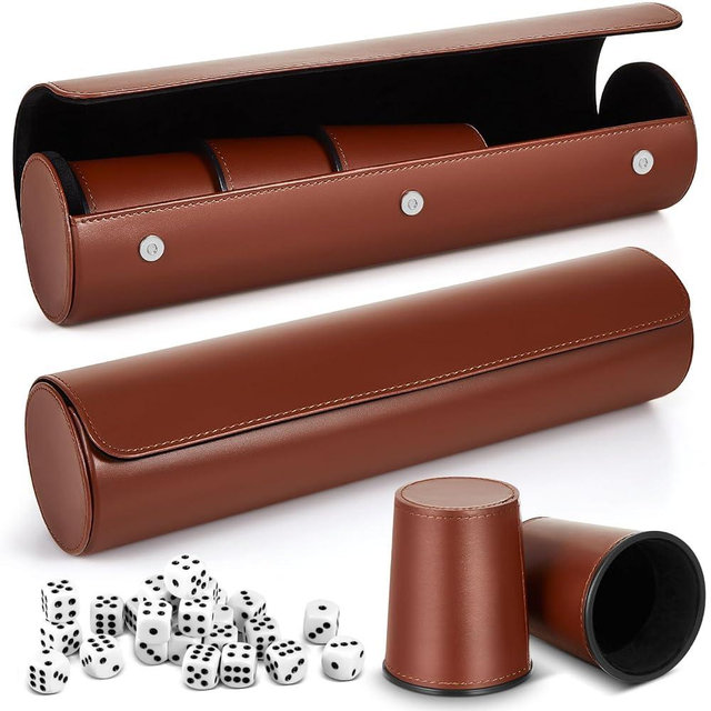 Liliful 2 Set Leather Dice Cups Include 10 Leather Game Cups, 50 Dice and 2 Storage Case with Magnetic Closure, Liars Game Gift for Party, Craps, Backgammon(Dark Brown)