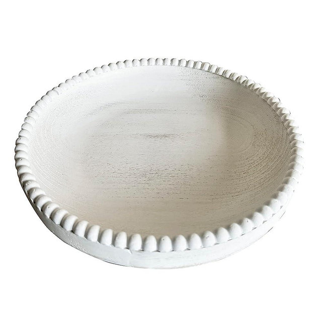 dwellington Beaded Wood Decorative Bowl, 10.63" Farmhouse Wooden Bowl White Wash Decorative Tray for Home Decor
