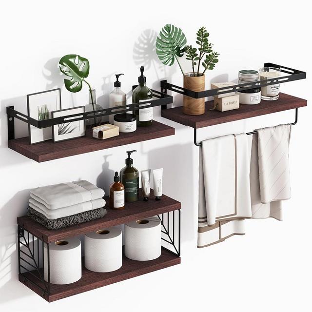 Fixwal 3+1 Tier Wall Mounted Bathroom Shelves Over Toilet, Rustic Wood Floating Shelves with Towel Bar and Metal Frame for Bathroom, Kitchen, Bedroom, Living Room (Walnut Brown)