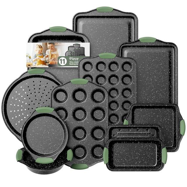 Slow Slog 11-Piece Nonstick Bakeware Set, Stackable & Oven-Safe Kitchen Baking Pans with Silicone Handles - Includes Cookie Sheet, Cake Pan, Muffin Tin, Pizza Stone & Bread Loaf Pan, Dark Green&Black
