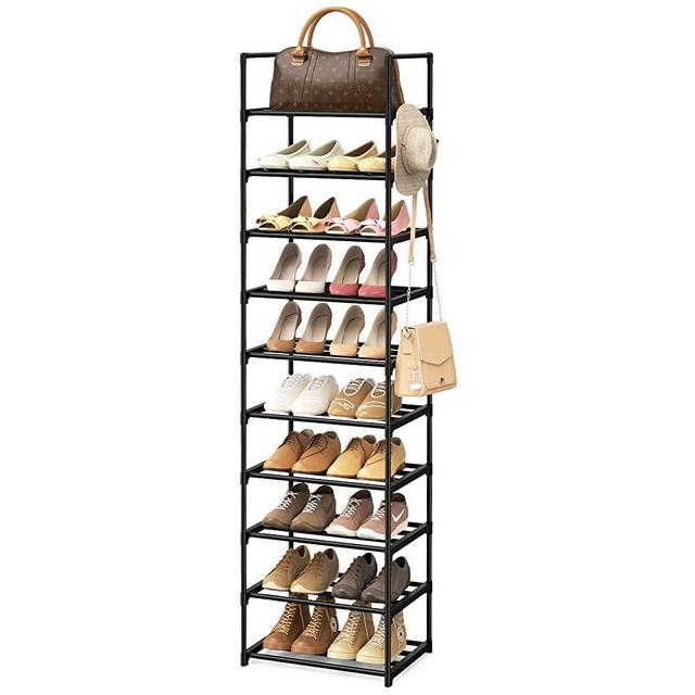 WEXCISE Narrow Shoe Rack 10 Tiers Tall Shoe Rack for Entryway 20-24 Pairs Shoe and Boots Organizer Storage Shelf Space Saving Large Shoe Tower Durable Black Metal Stackable Shoe Cabinet with Hooks